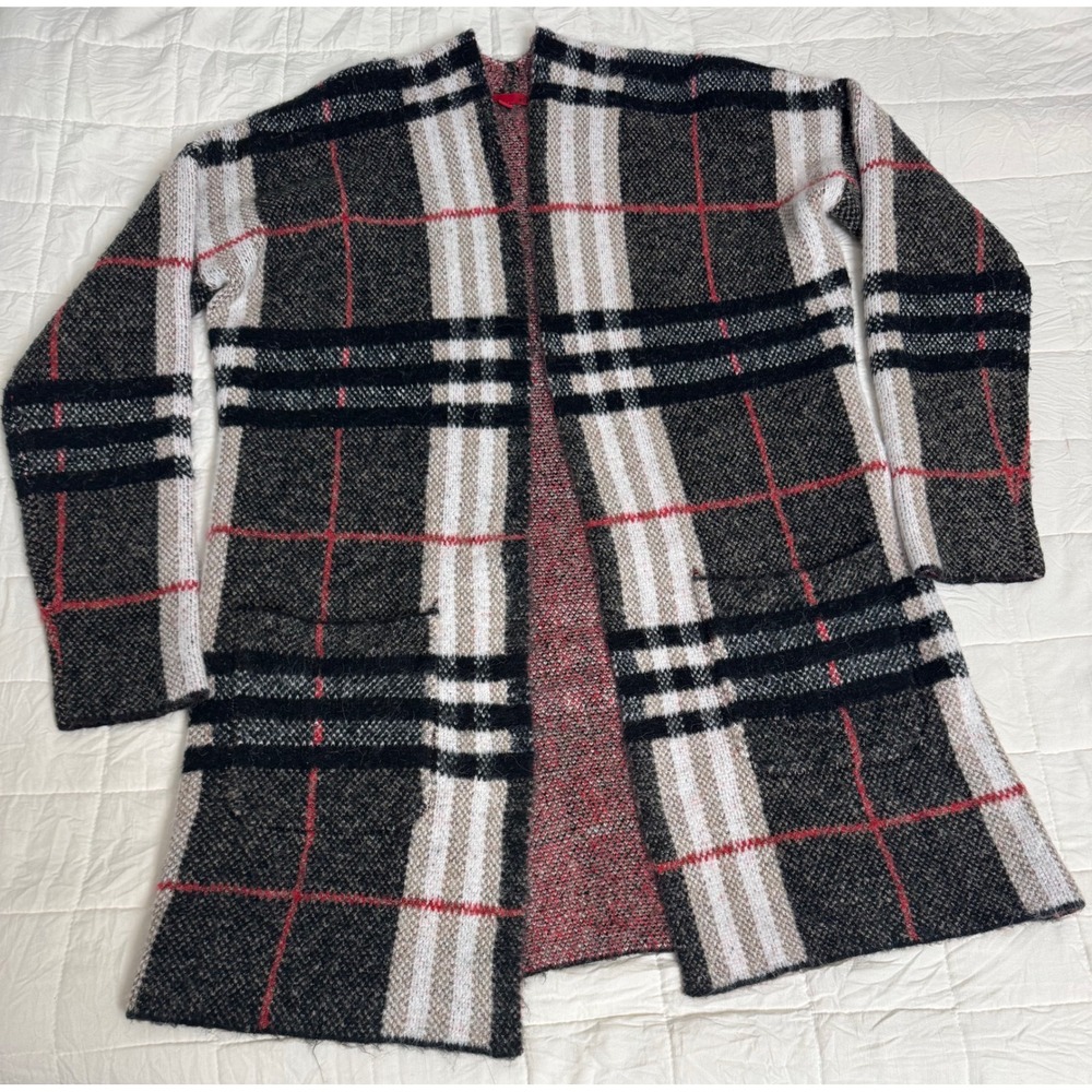 RED Plaid Cardigan Duster Sweater Long Open Front Pockets‎ Gilmore Girls M